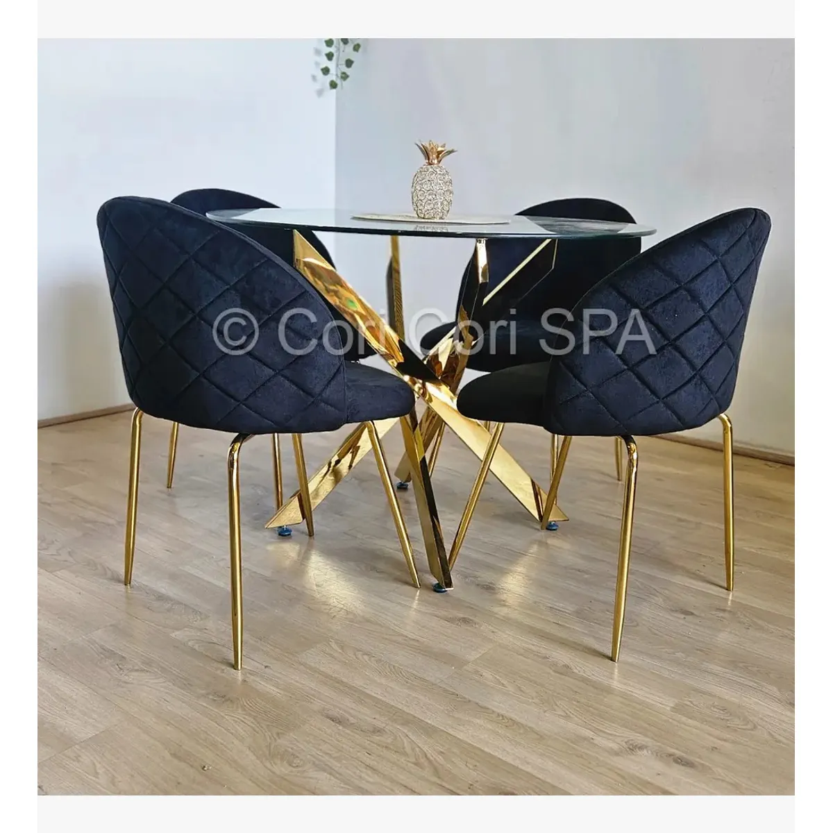CORI CORI - Comedor Mesa Dubai Gold 100cm + 4 Sillas Bread Gold Negras