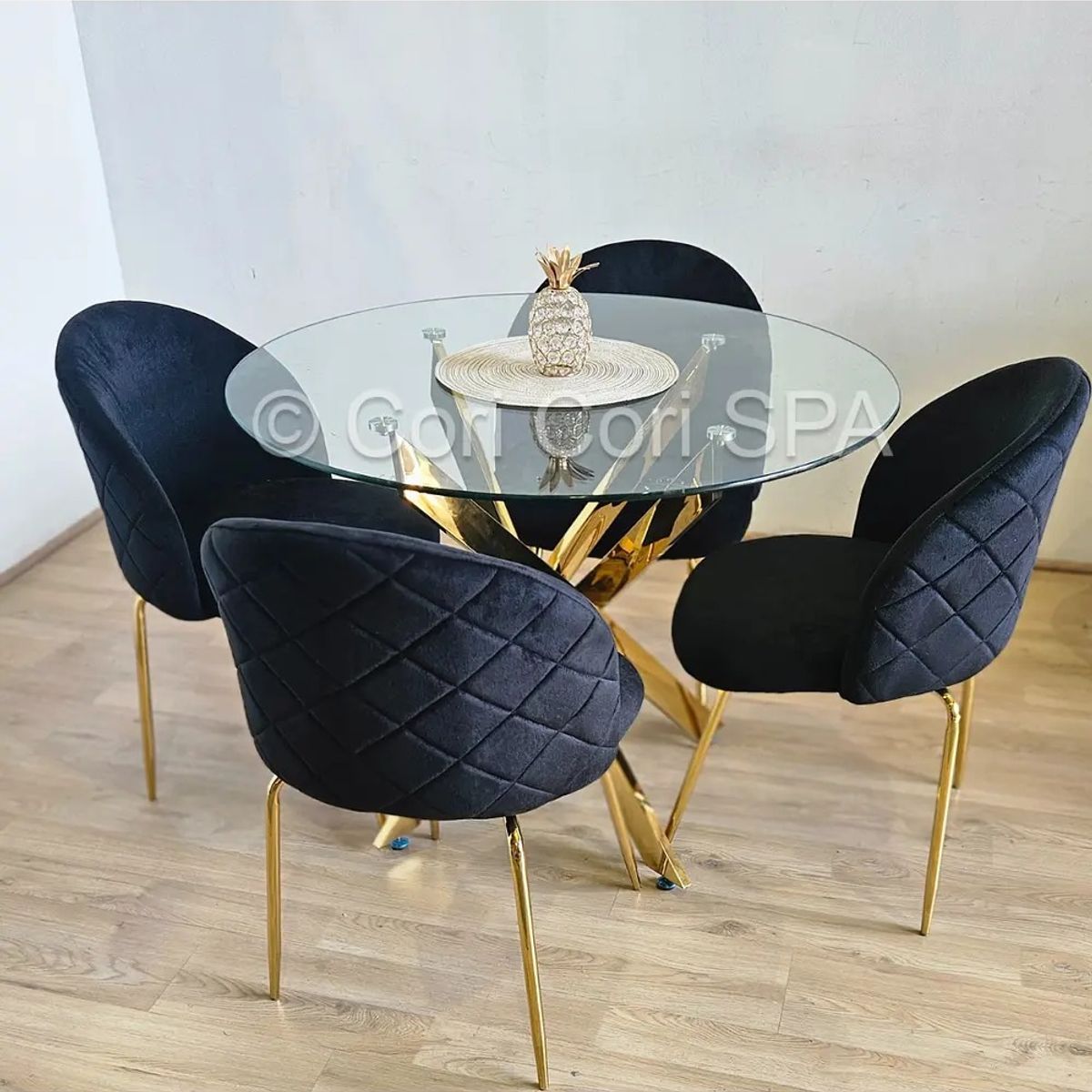 CORI CORI - Comedor Mesa Dubai Gold 100cm + 4 Sillas Bread Gold Negras