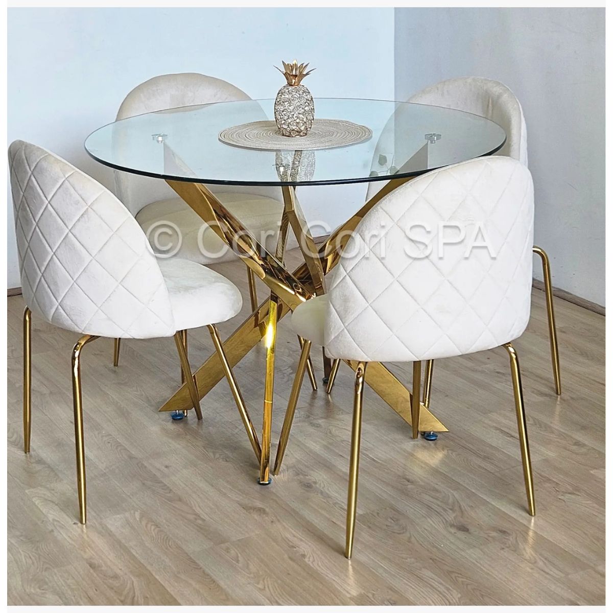 CORI CORI - Juego de Comedor Dubai Gold 100cm + 4 Sillas Bread Gold Beige