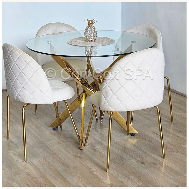 CORI CORI - Juego de Comedor Warwick Gold 100cm + 4 Sillas Bread Gold Beige