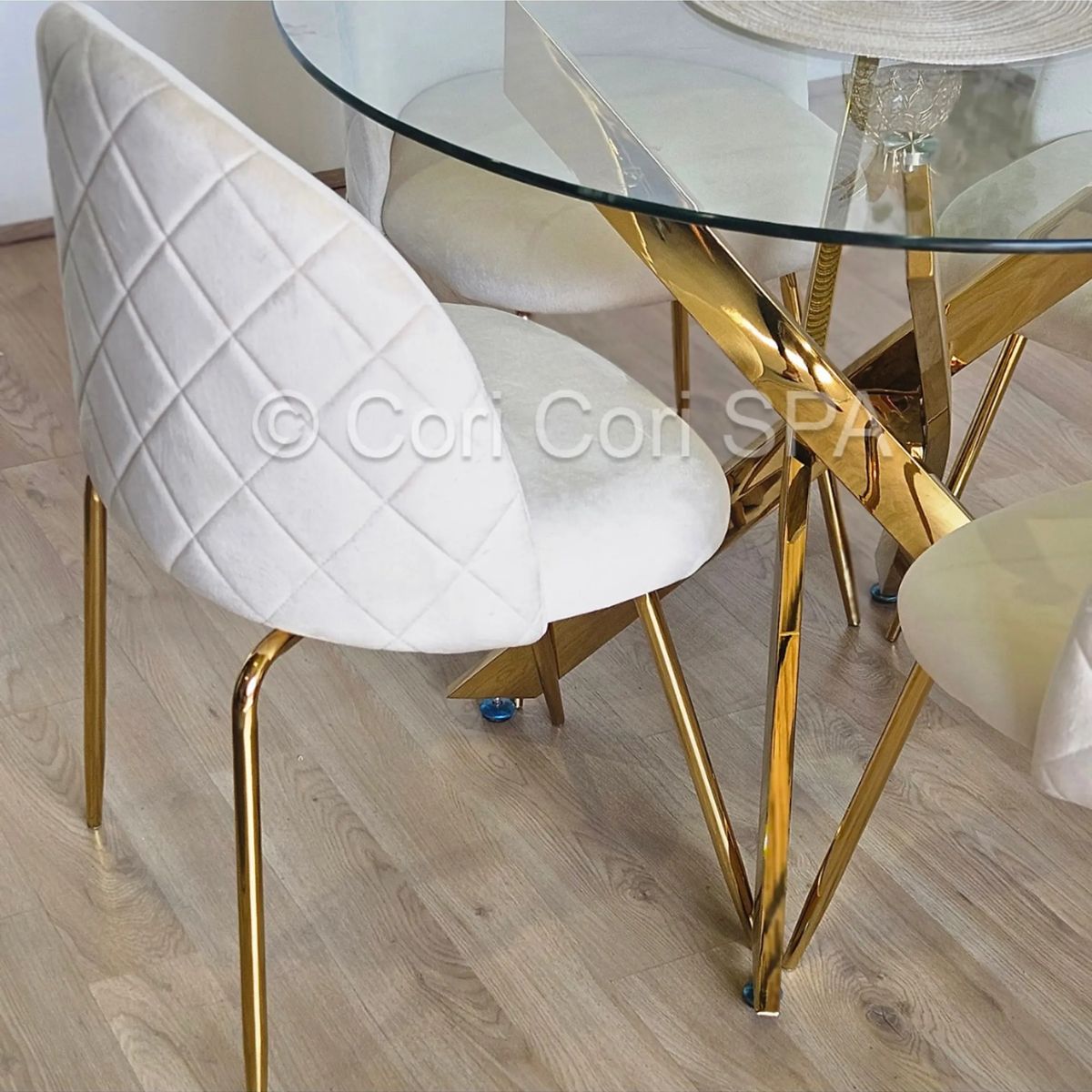 CORI CORI - Juego de Comedor Dubai Gold 100cm + 4 Sillas Bread Gold Beige