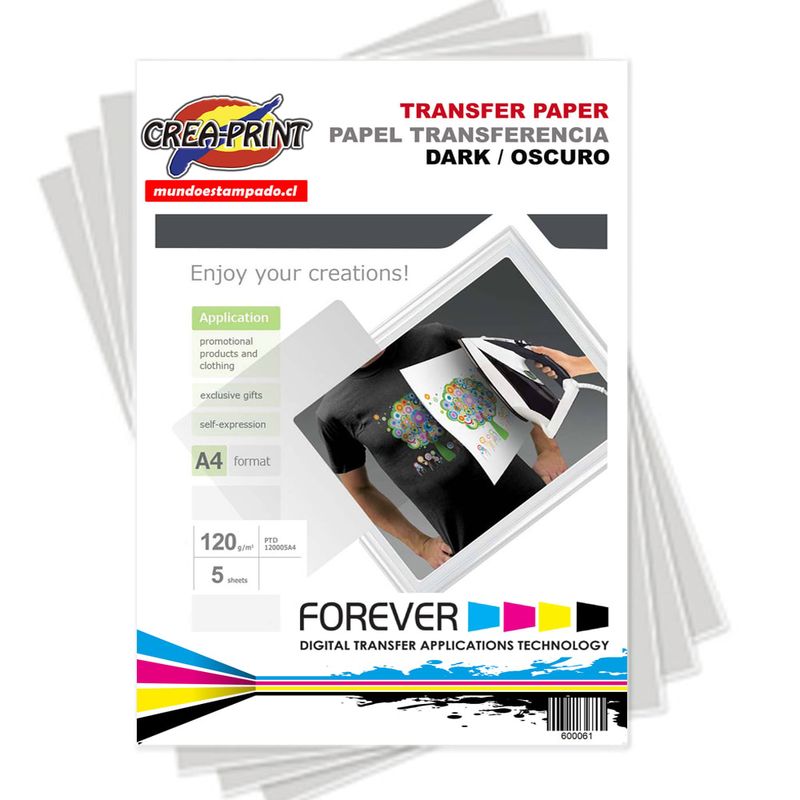 CREA PRINT - PAPEL TRANSFER TELAS OSCURAS TAMAÑO A4 5 HOJAS