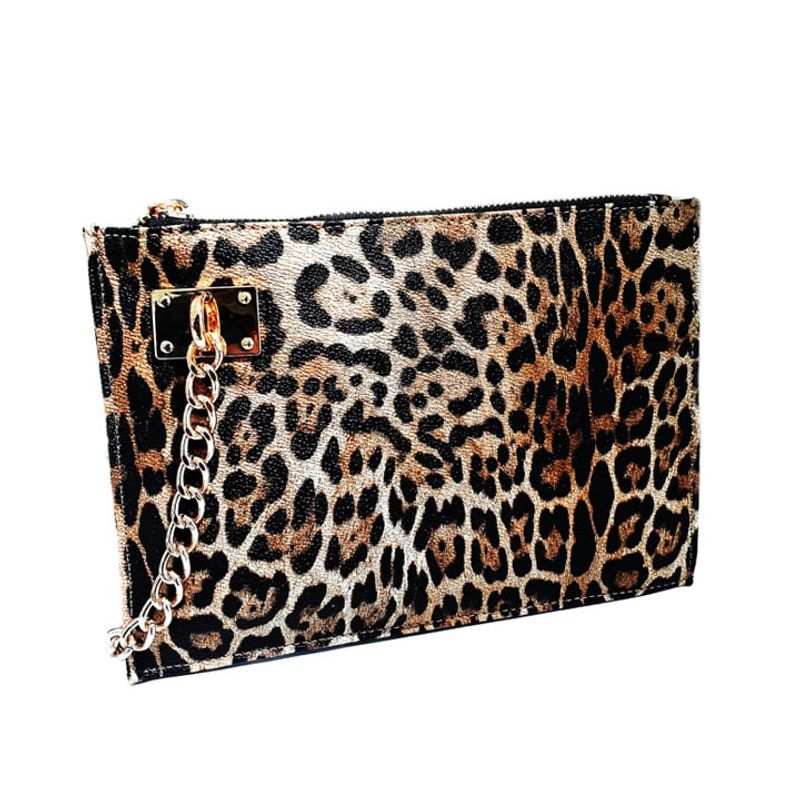 VANE COLLECTION - Cartera mujer sobre estampado leopardo cadena dorada y forro rojo