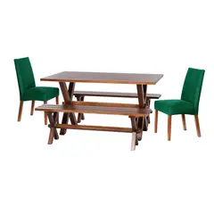 LATAM HOME - Juego De Comedor Sevilla 2 Sillas Cadiz + 2 Bancas Tela Velvet Verde