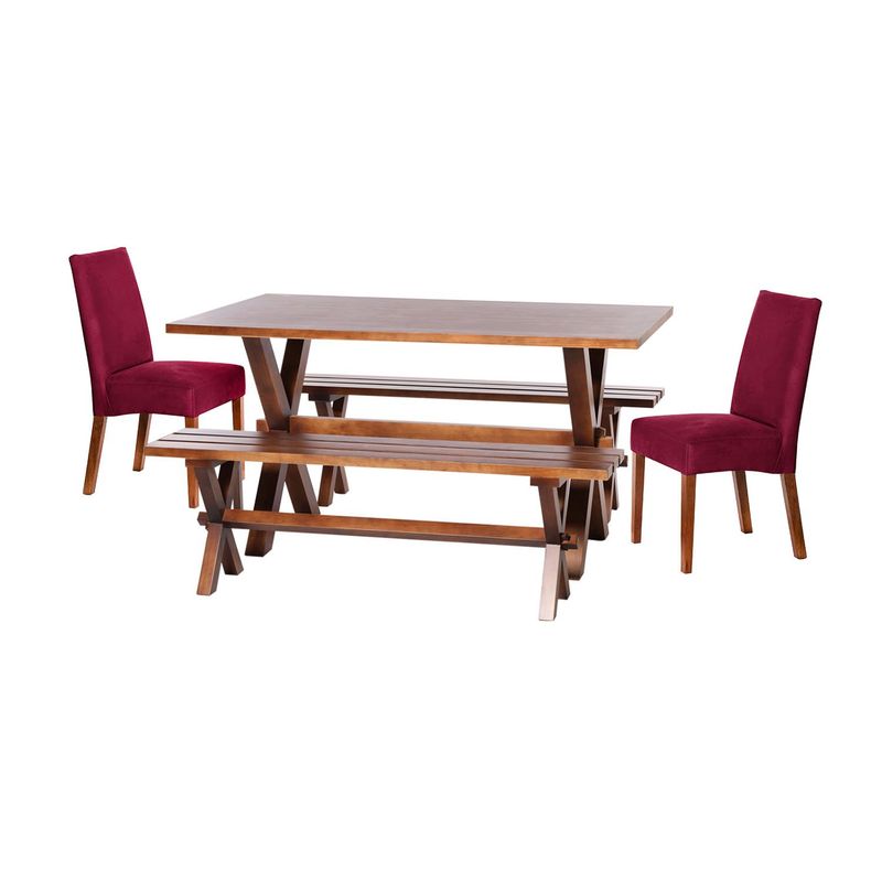 LATAM HOME - Juego De Comedor Sevilla 2 Sillas Cadiz + 2 Bancas Tela Velvet Burdeo