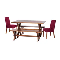 LATAM HOME - Juego De Comedor Sevilla 2 Sillas Cadiz + 2 Bancas Tela Velvet Burdeo