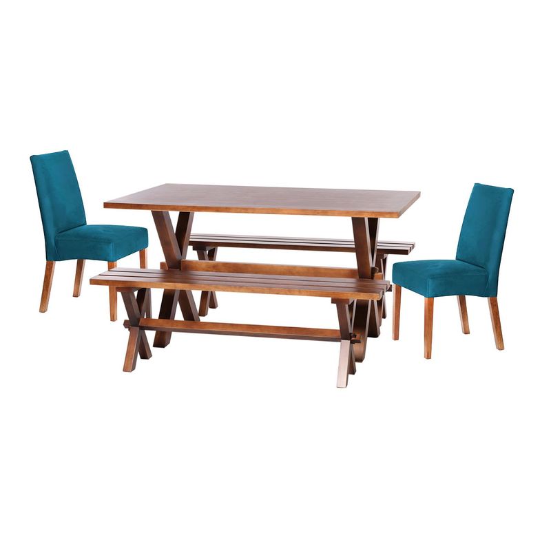 LATAM HOME - Juego De Comedor Sevilla 2 Sillas Cadiz + 2 Bancas Tela Azul Petroleo