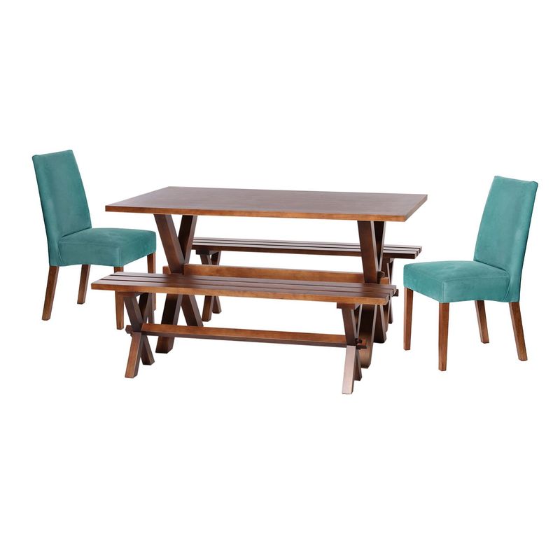 LATAM HOME - Juego De Comedor Sevilla 2 Sillas Cadiz + 2 Bancas Tela Turquesa