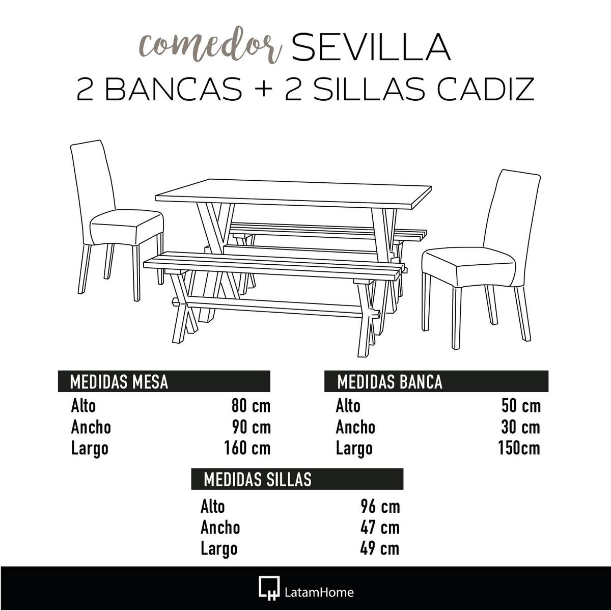 LATAM HOME - Juego De Comedor Sevilla 2 Sillas Cadiz + 2 Bancas Tela Turquesa