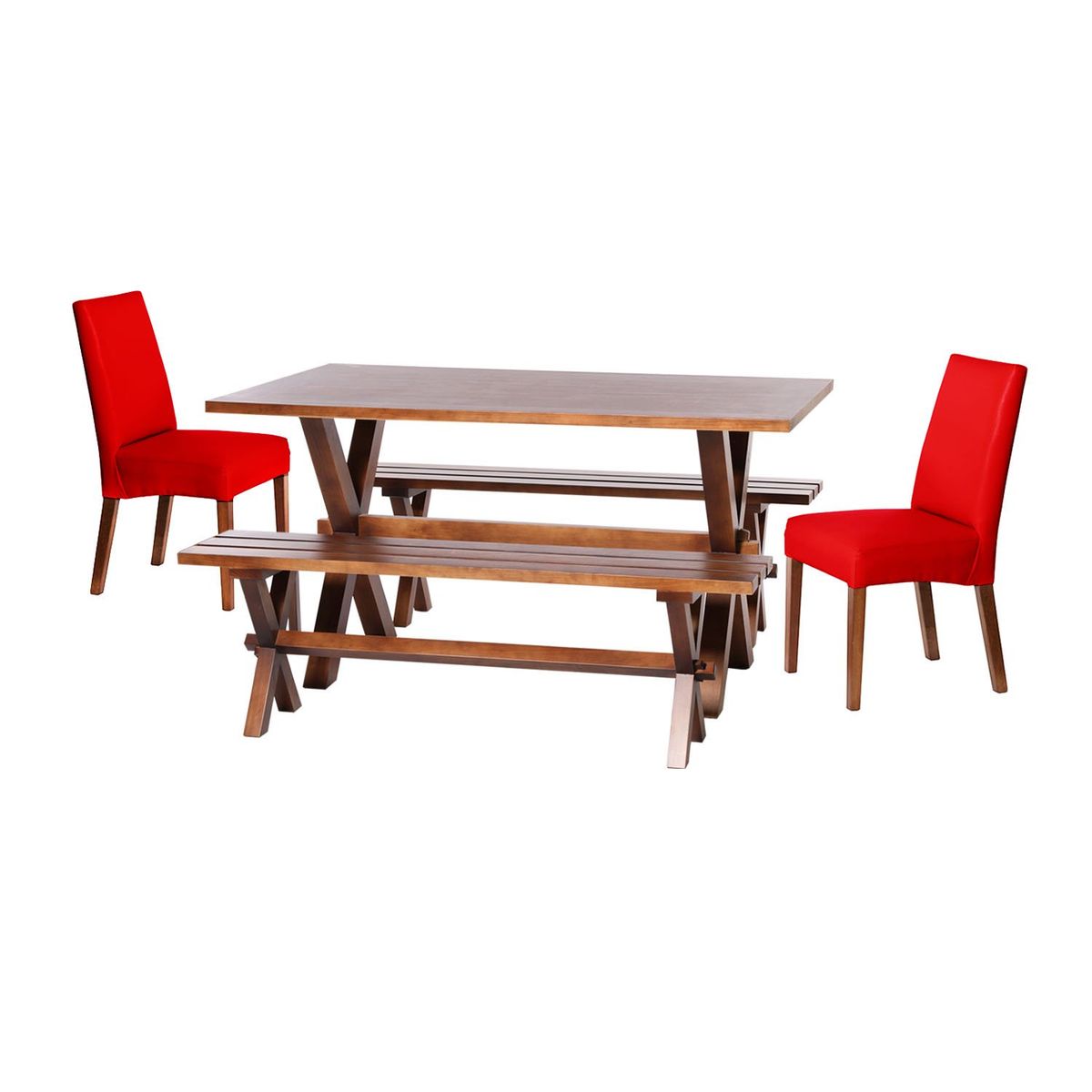 LATAM HOME - Juego De Comedor Sevilla 2 Sillas Cadiz + 2 Bancas PU Rojo