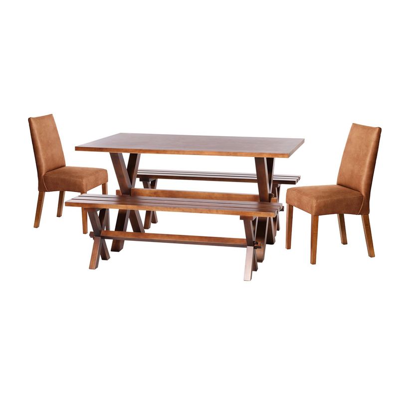 LATAM HOME - Juego De Comedor Sevilla 2 Sillas Cadiz + 2 Bancas Cuero Cafe Claro