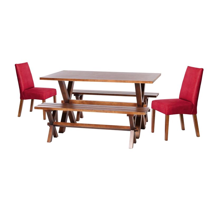 LATAM HOME - Juego De Comedor Sevilla 2 Sillas Cadiz + 2 Bancas Cuero Rojo