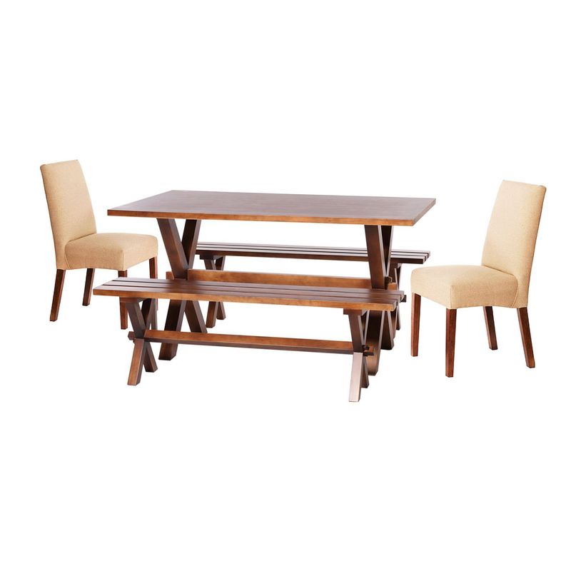 LATAM HOME - Juego De Comedor Sevilla 2 Sillas Cadiz + 2 Bancas Tela Lino Natural
