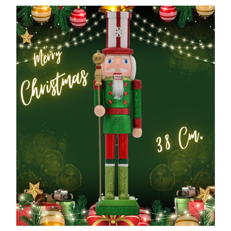 COMPRAPO - CASCANUECES ADORNO NAVIDAD 38 CM. SOLDADO VERDE BASTON DORADO