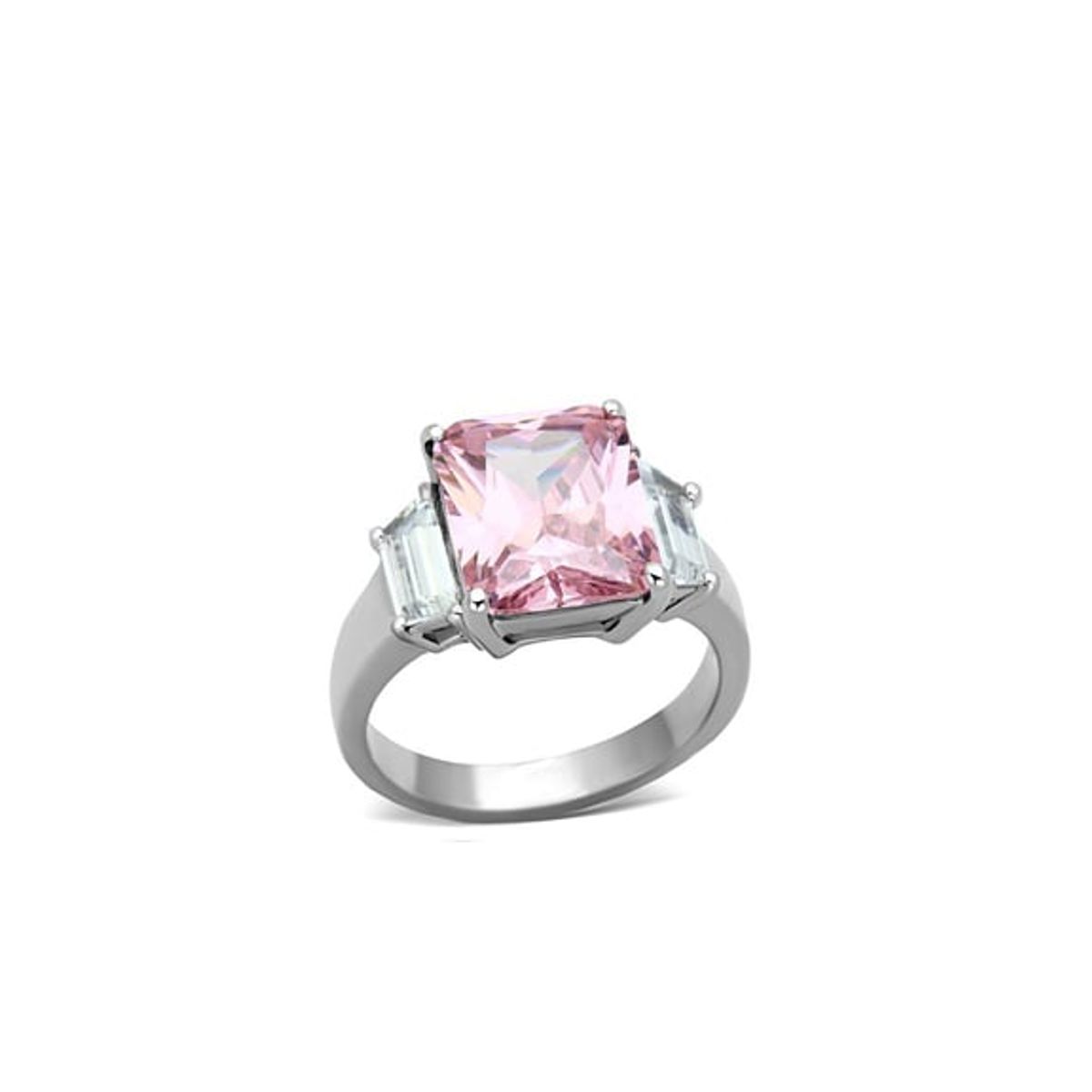 VANE COLLECTION - Anillo para mujer solitario rosado corte radiant en acero con baño de rodio y circón
