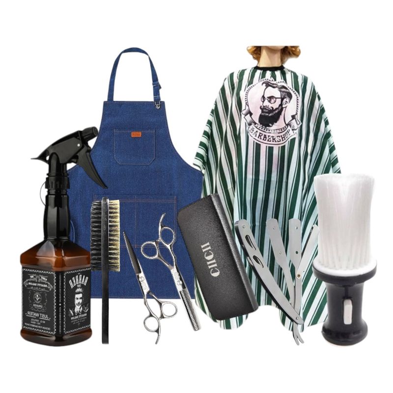 GENERICO - Pack Completo Pechera Barberia Capa Tijera Con Estuche Navaja Plateada