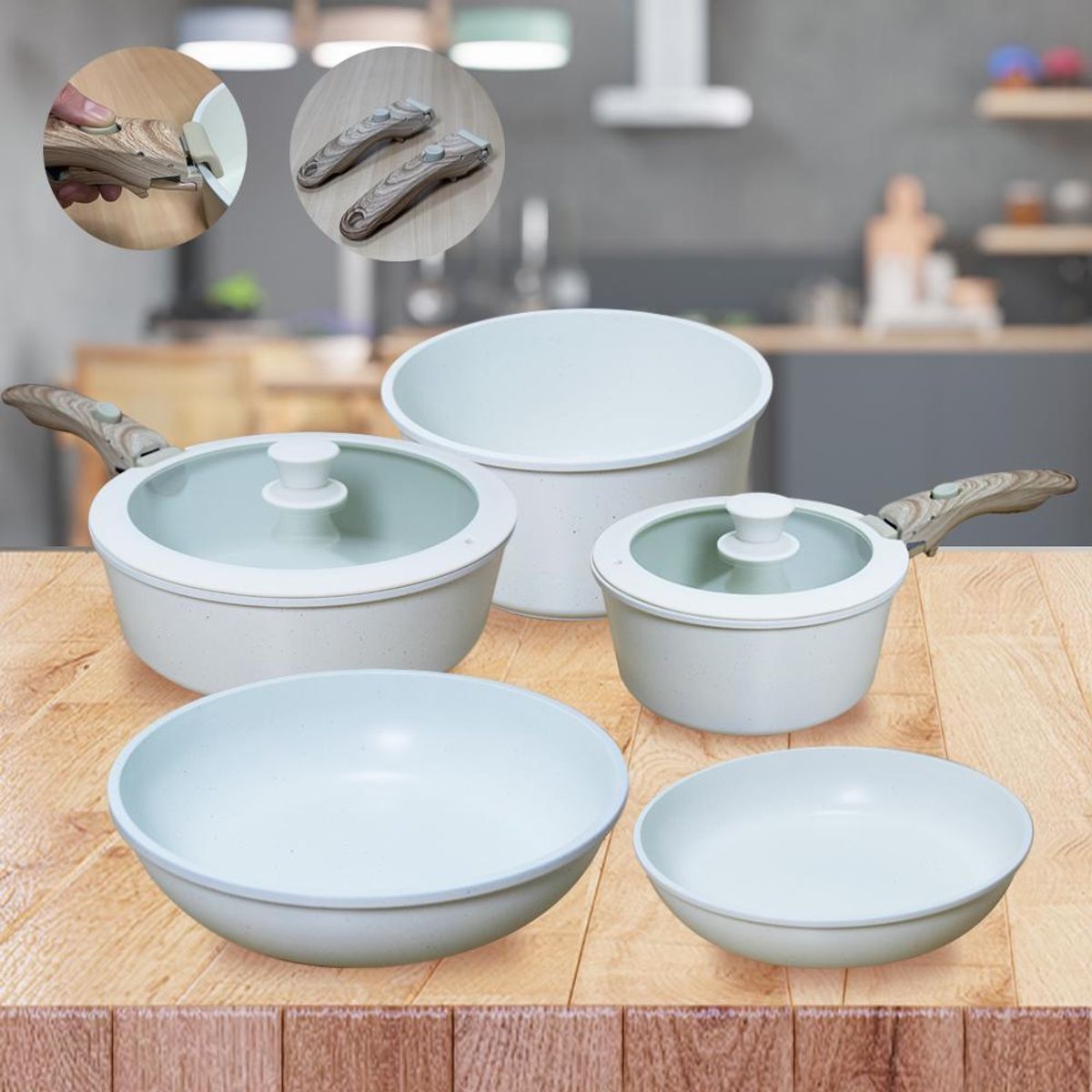 GENERICO - JUEGO DE OLLAS Y SARTENES CON MANGO DESMONTABLE