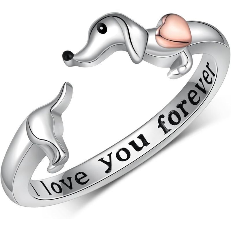 GENERICO - Anillo perro salchicha dachshund plata 925 ajustable mujer joya