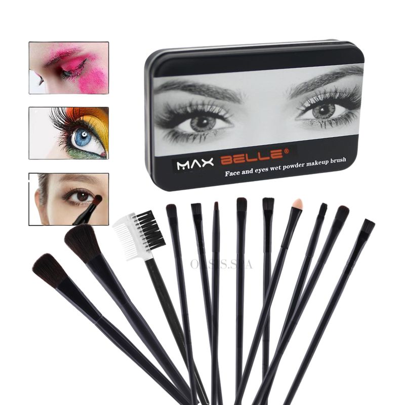 MAXBELLE - Set Brochas Maquillaje Profesional 12 Unidades Negro