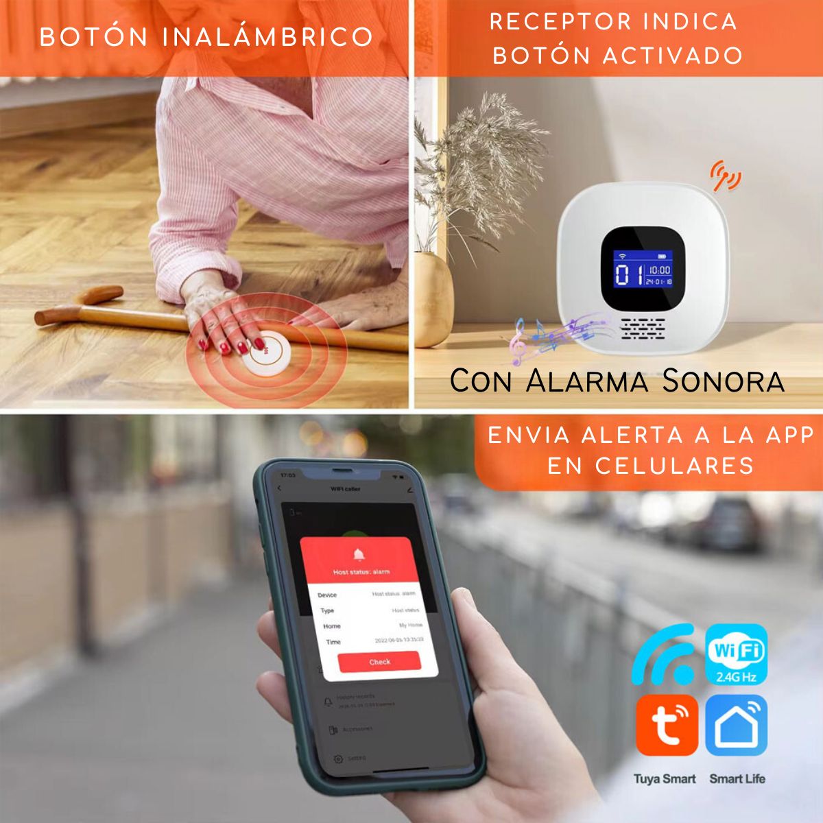 D MOTICA - Kit Alarma Emergencia Medica SOS Inalámbrico Wifi + 2 Botones