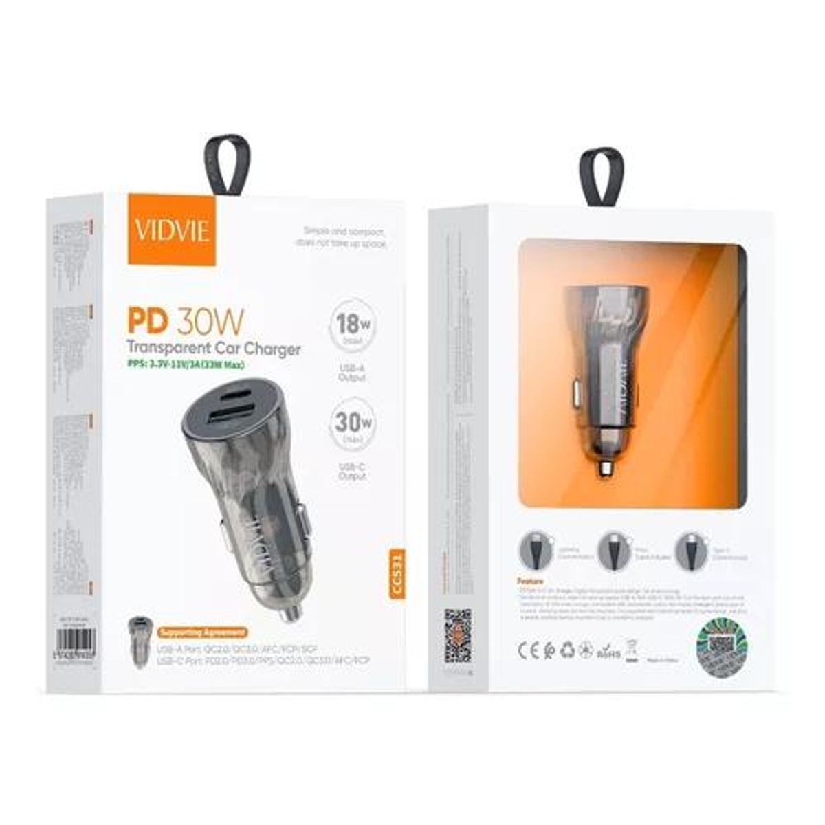 GENERICO - Cargador de auto 2 puertos tipo C y USB 30W Vidvie negro