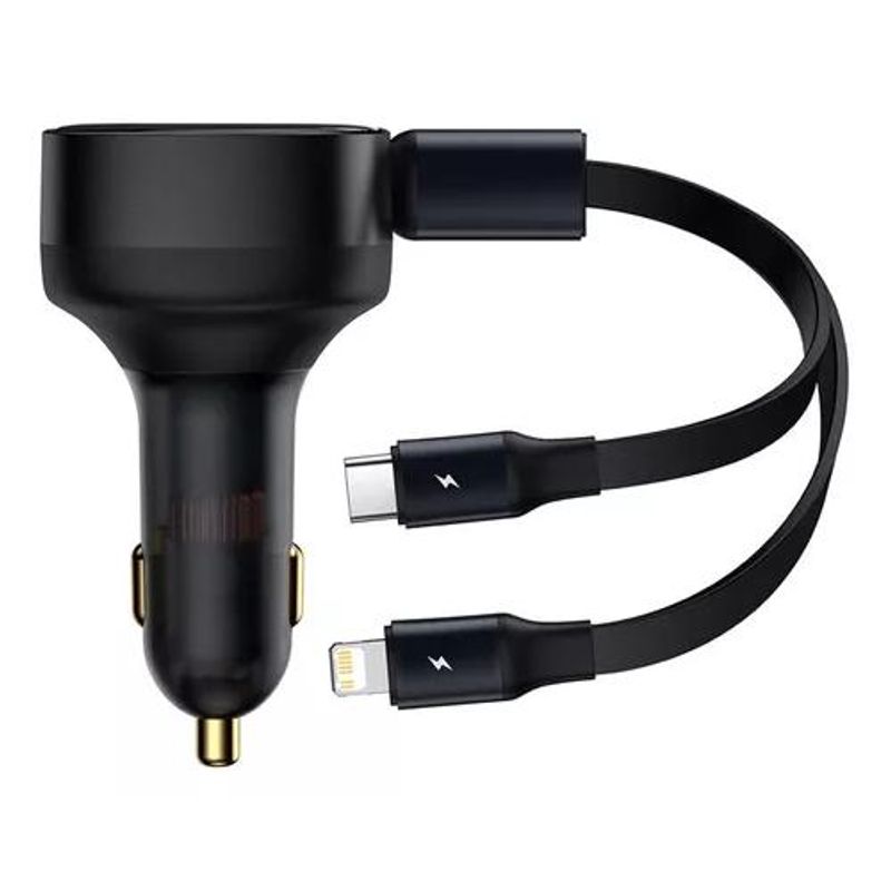 GENERICO - Cargador rápido auto Baseus 2 en 1 cable retráctil 30W negro
