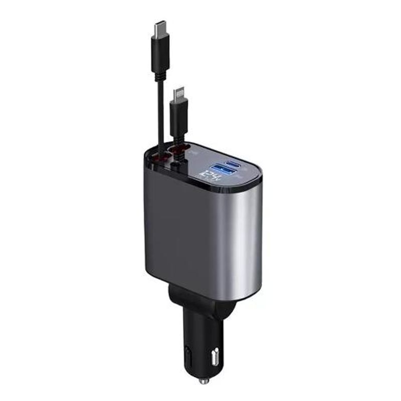 GENERICO - Cargador auto USB carga rápida y 2 cables retráctiles