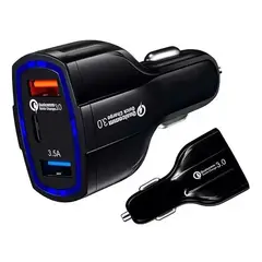 GENERICO - Cargador rápido auto doble USB y tipo C QC30 negro