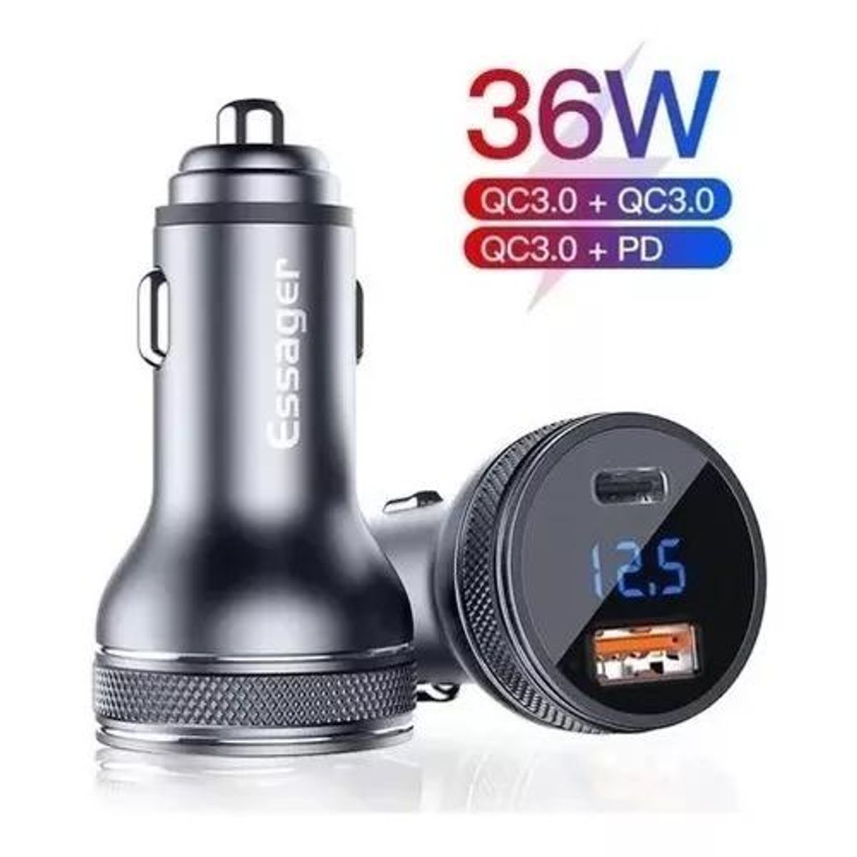 GENERICO - Cargador auto Essager carga rápida 36W tipo USB y tipo C negro