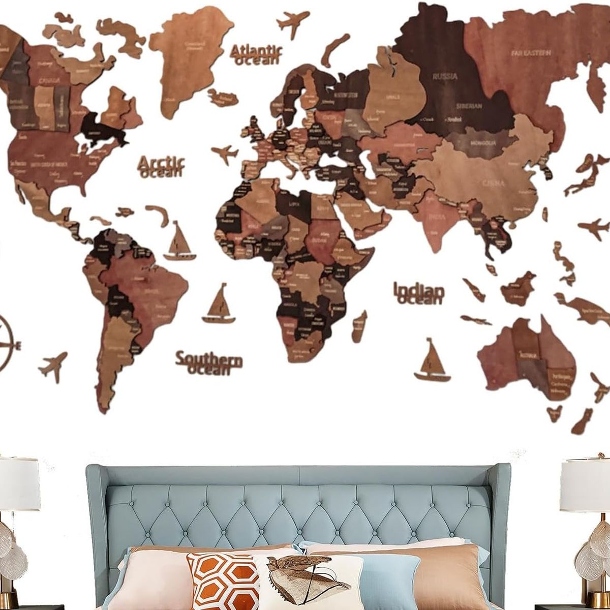 KUANGYE - Mapa Del Mundo Madera Cuadro Pared 200x120cm 3d Decoración