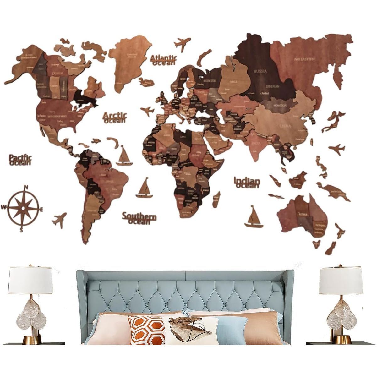 KUANGYE - Mapa Del Mundo Madera Cuadro Pared 200x120cm 3d Decoración