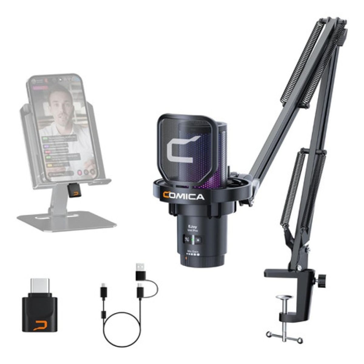 COMICA - Micrófono Streamer Gamer Inalámbrico Rgb Comica Ejoy Uni Pro Con Brazo
