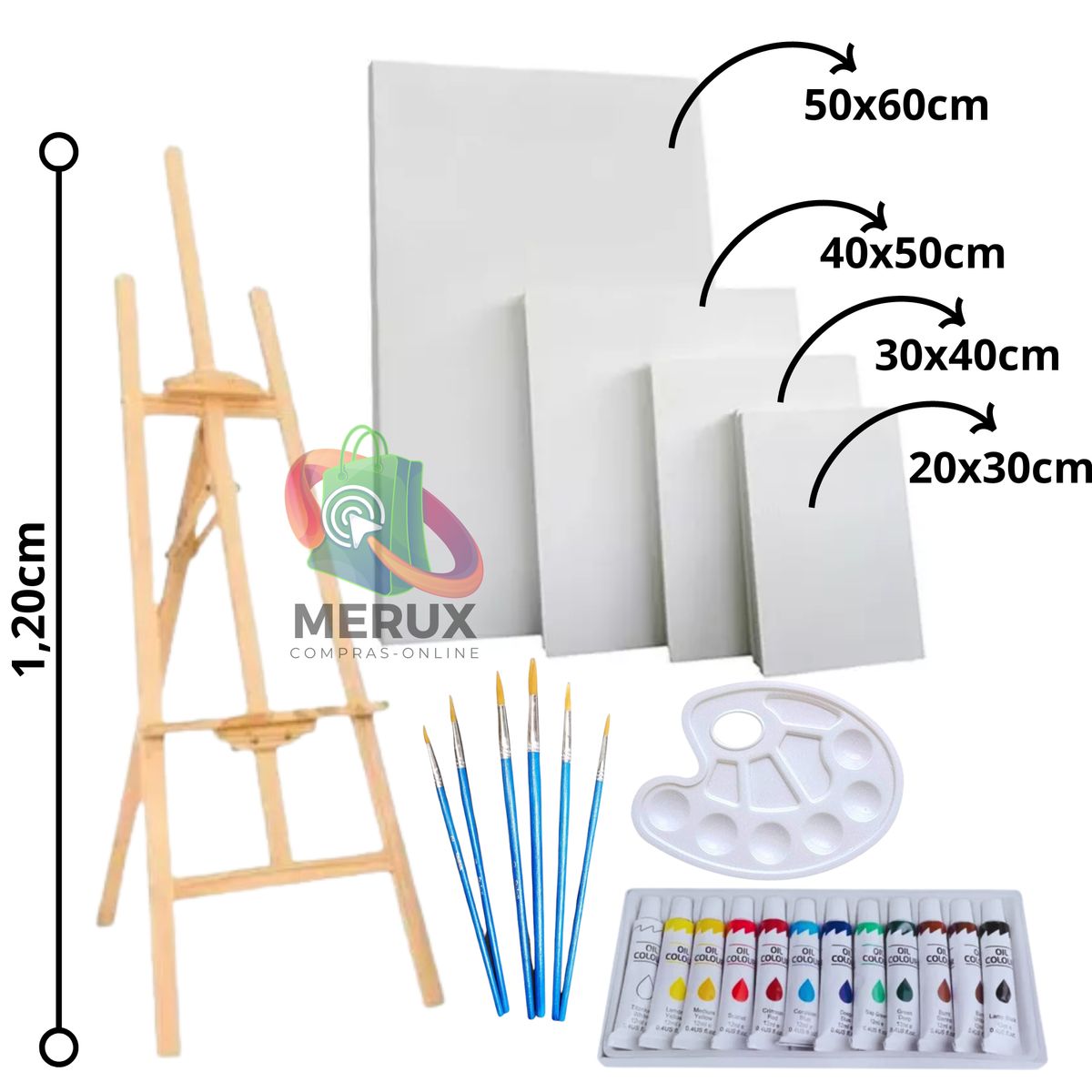 GENERICO - Atril 1,20cm + 4 Bastidores + Paleta + Pinceles + Pintura