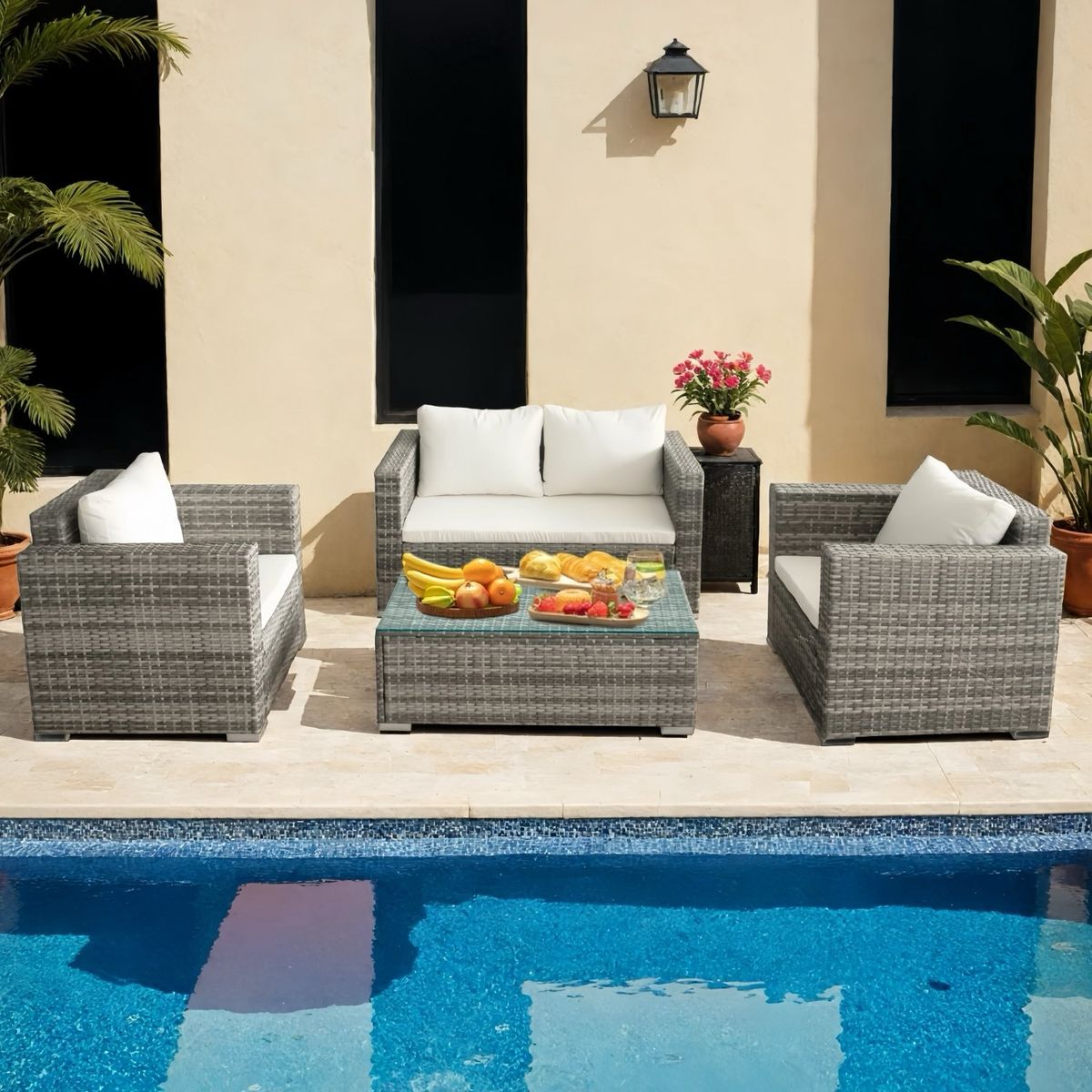 ROHE - Juego de Living de Terraza Briseida 4 Piezas con Cojines y Mesa de Centro