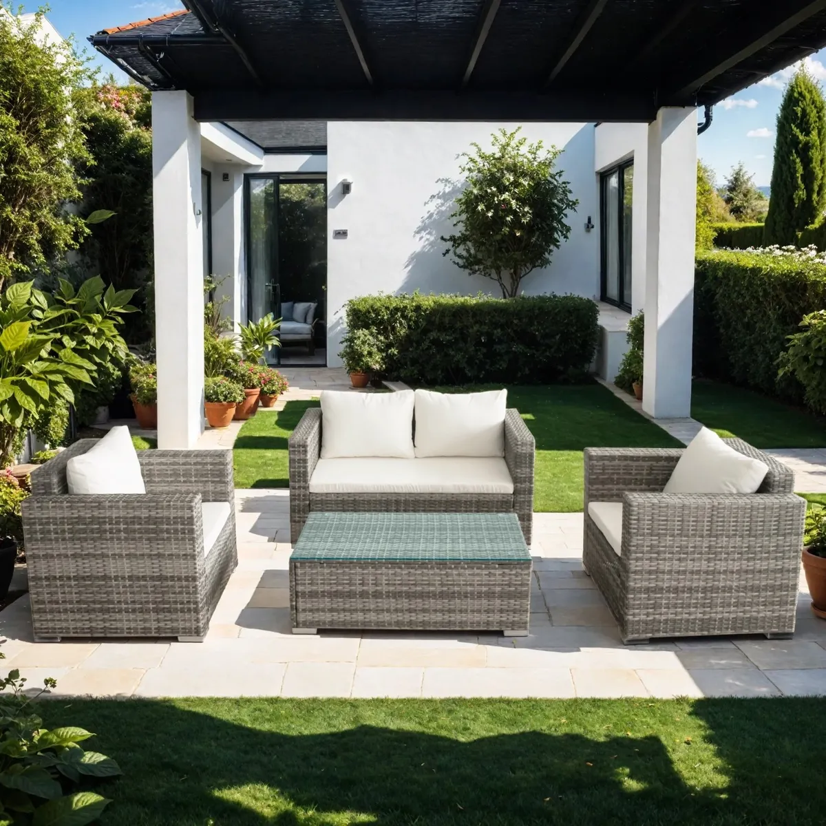 ROHE - Juego de Living de Terraza Briseida 4 Piezas con Cojines y Mesa de Centro