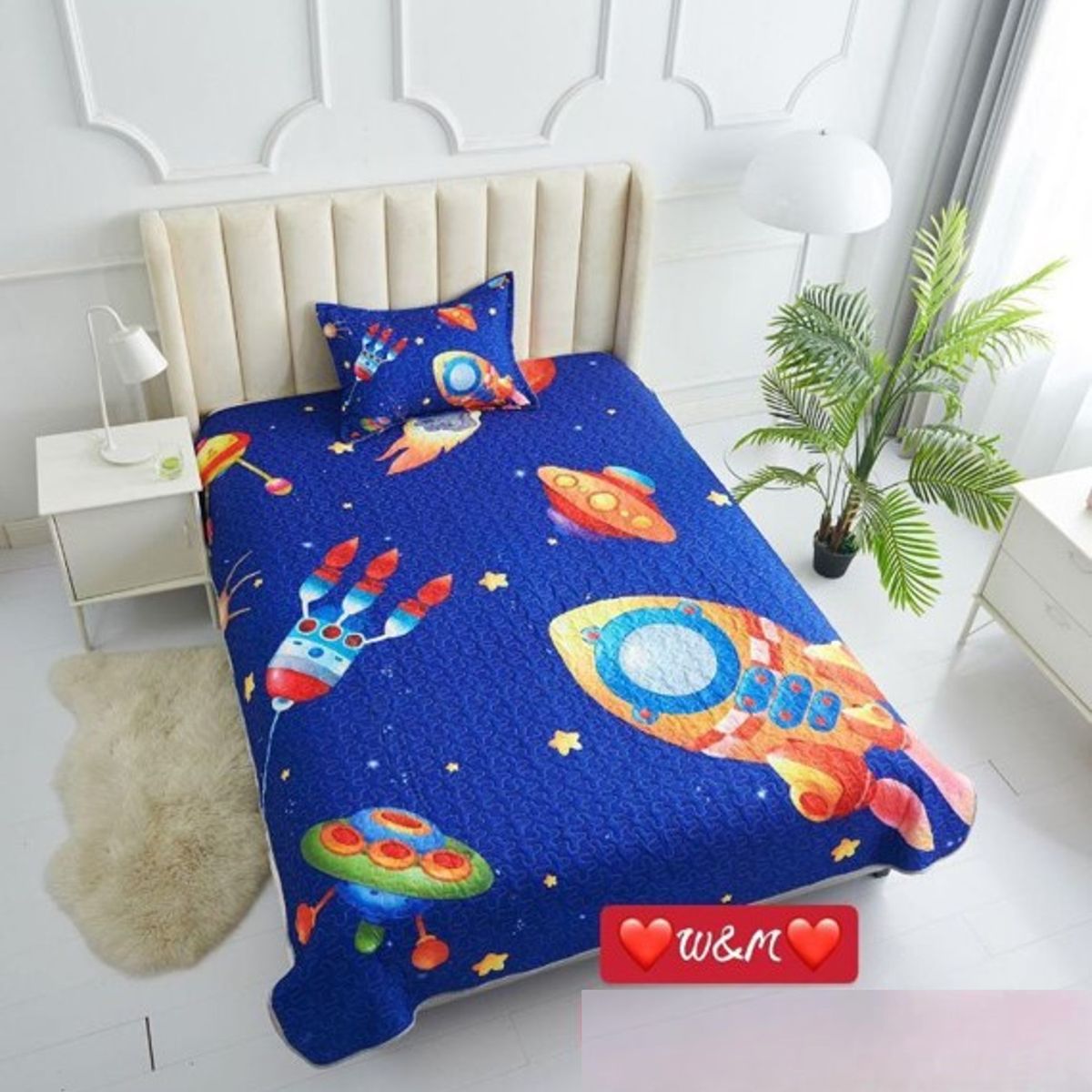 GENERICO - CUBRECAMA QUILT DE VERANO 3D DISEÑO NAVES ESPACIALES 1.5 PLAZA WYM