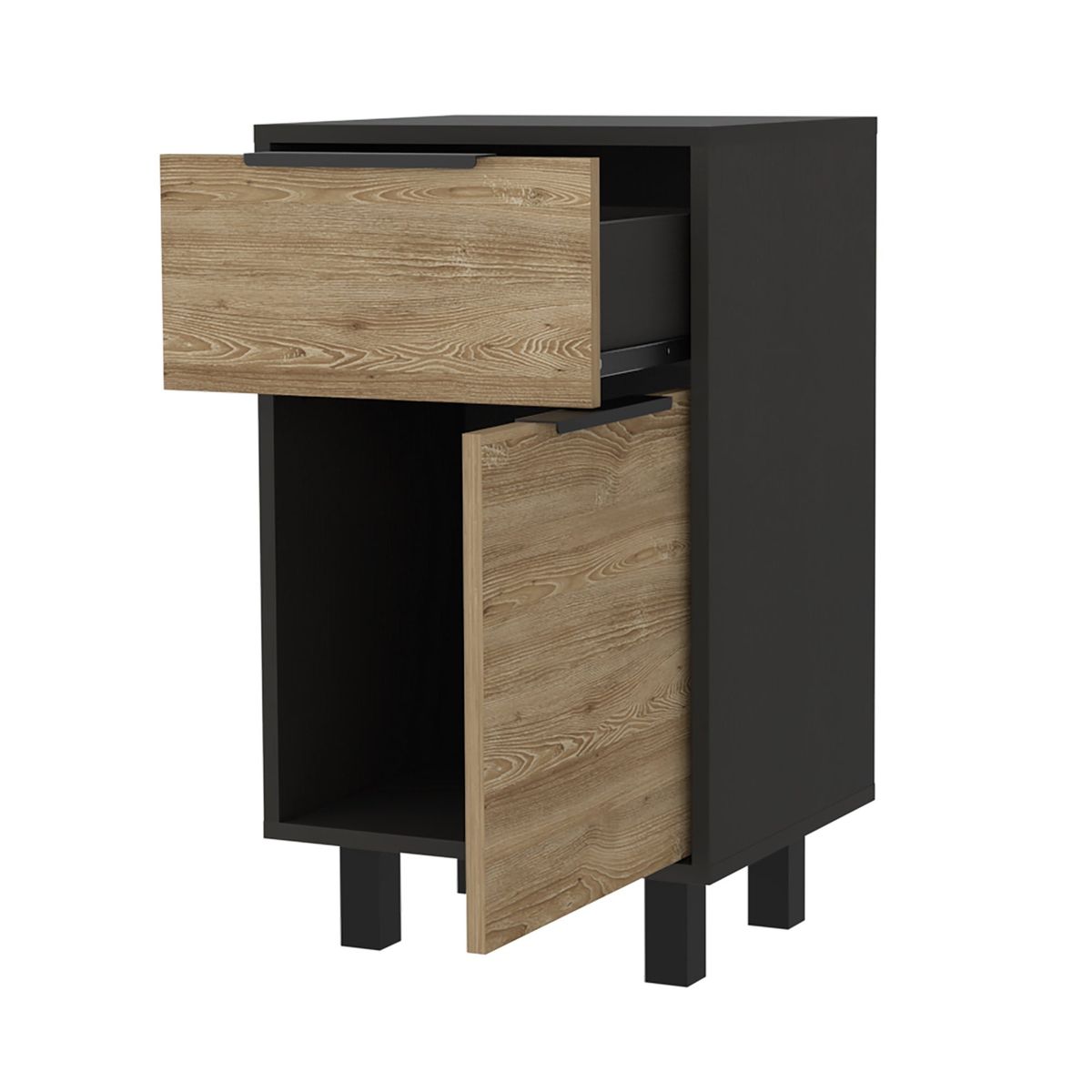 FMFURNITURE - Velador 1 Cajón 1 Puerta - Negro y Café Claro 70x41x36.3 cm
