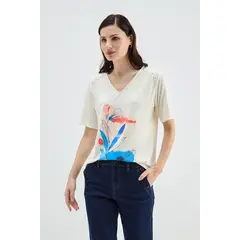 MA GRIFFE - Polera Estampada Escote En V Crudo Magriffe