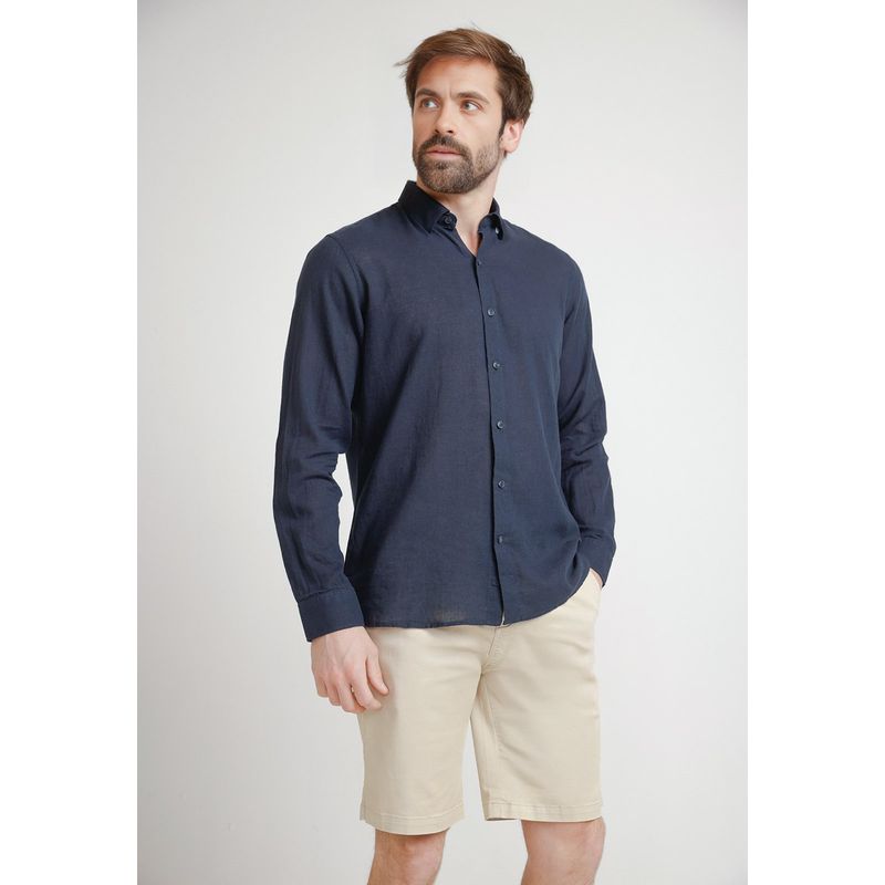 TRIAL - Camisa Hombre Casual Mezcla Lino Algodón Liso Slim Braulio Azul Marino