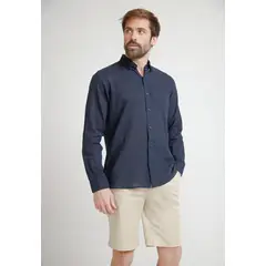 TRIAL - Camisa Hombre Casual Mezcla Lino Algodón Liso Slim Braulio Azul Marino