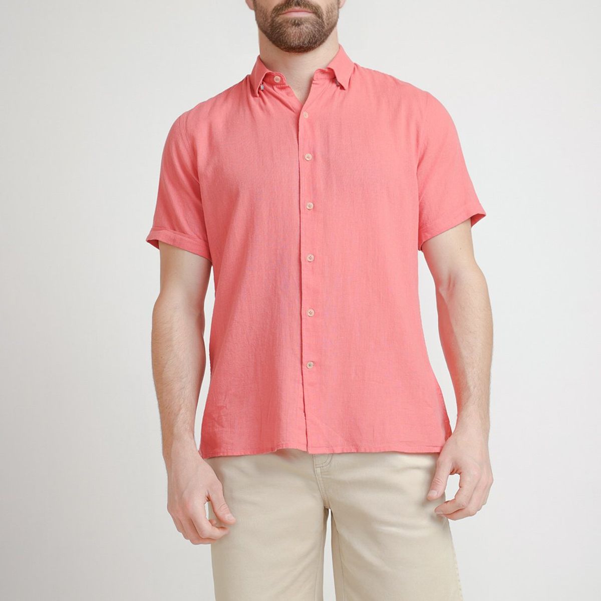 TRIAL - Camisa Hombre Casual Mezcla Lino Algodón Liso Slim Boris Coral