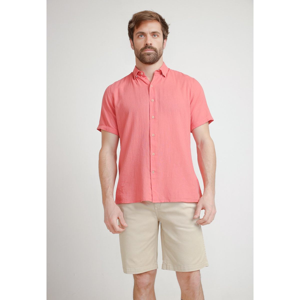 TRIAL - Camisa Hombre Casual Mezcla Lino Algodón Liso Slim Boris Coral