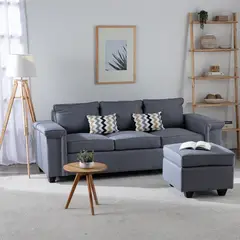 MUEBLES COTTONI - Sofá 3 cuerpos Sicilia + 1 Pouf Tela Gris