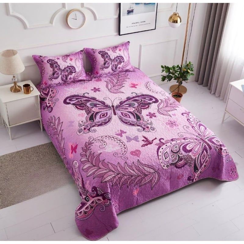 ANGELES DEL HOGAR - Cubrecama Quilt 2 Plaza  Diseño Mariposa Lila WM-69
