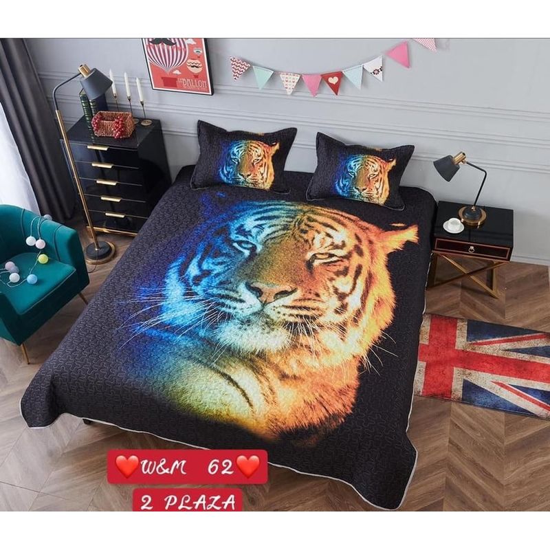 ANGELES DEL HOGAR - Cubrecama Quilt 2 Plaza  Diseño Tigre Negro  WM-62