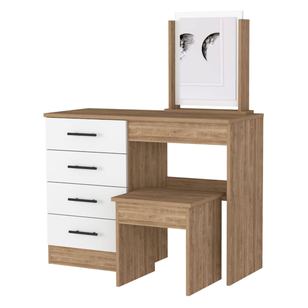 FMFURNITURE - Mueble Tocador Con Espejo y 4 Cajones - Café Claro 126.7x100x42.5 cm