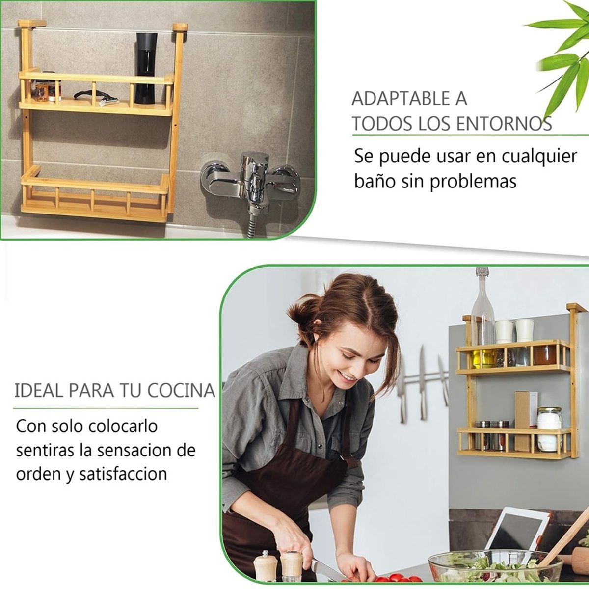 WAKESHOME - Rack De Cocina Especiero De Madera Estante De Pared 2nvls