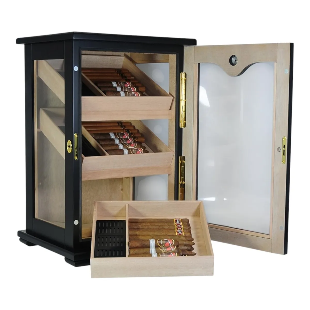 GENERICO - GABINETE HUMIDOR DE PUROS MADERA CAOBA 3 NIVELES CON HIGROMETRO