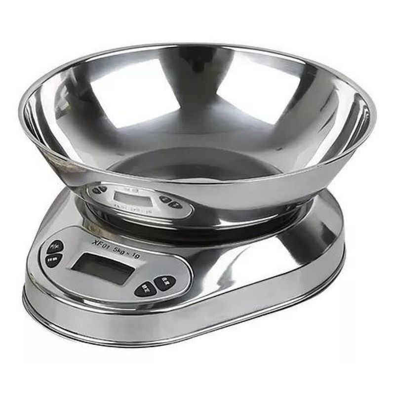 GENERICO - Pesa de cocina full de acero inoxidable 5 kg 1 gr con bowl color gris