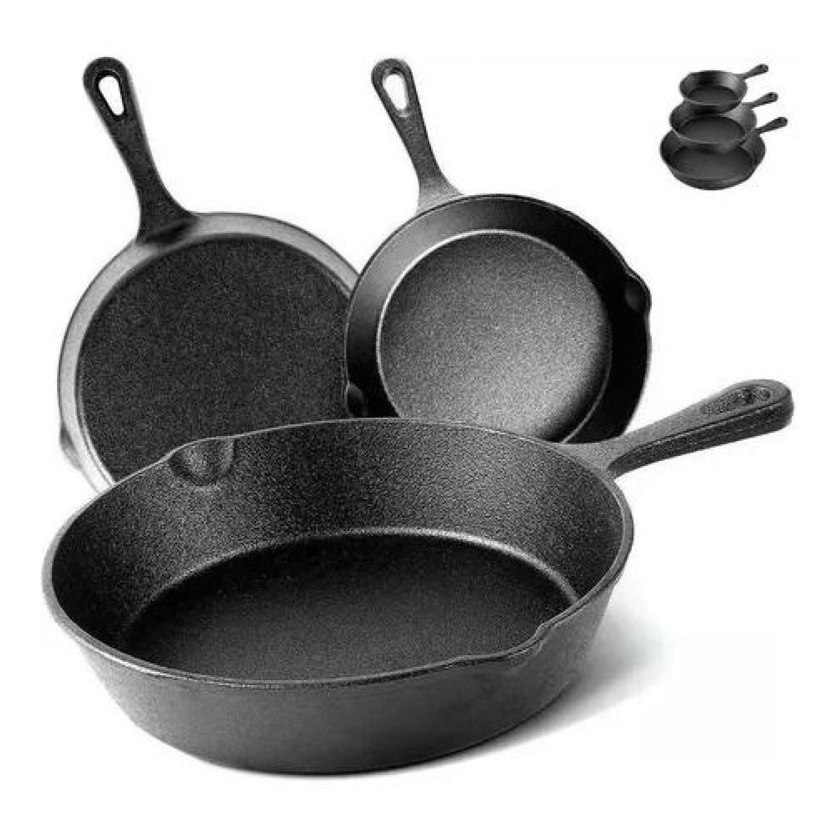 GENERICO - Set De 3 Sartenes 3 Hierro Fundido 16 20 Y 26cm Fierro